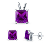 Princess Cut Jewelry Set Pendant Earring Simulated Amethyst Cubic Zirconia 925 Sterling Silver
