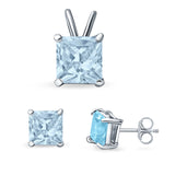 Princess Cut Jewelry Set Pendant Earring Simulated Aquamarine Cubic Zirconia 925 Sterling Silver