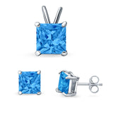 Princess Cut Jewelry Set Pendant Earring Simulated Blue Topaz Cubic Zirconia 925 Sterling Silver