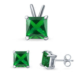 Princess Cut Jewelry Set Pendant Earring Simulated Green Emerald Cubic Zirconia 925 Sterling Silver