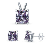 Princess Cut Jewelry Set Pendant Earring Simulated Lavender Cubic Zirconia 925 Sterling Silver
