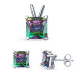 Princess Cut Jewelry Set Pendant Earring Simulated Rainbow Cubic Zirconia 925 Sterling Silver