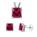Princess Cut Jewelry Set Pendant Earring Simulated Ruby Cubic Zirconia 925 Sterling Silver