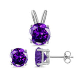 Jewelry Set Pendant Earring Round Simulated Amethyst Cubic Zirconia 925 Sterling Silver