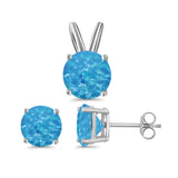 Jewelry Set Pendant Earring Round Lab Created Blue Opal 925 Sterling Silver