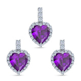 Halo Art Deco Jewelry Set Pendant Earring Heart Simulated Amethyst Cubic Zirconia 925 Sterling Silver