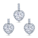 Halo Art Deco Jewelry Set Pendant Earring Heart Simulated Cubic Zirconia 925 Sterling Silver