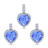 Halo Art Deco Jewelry Set Pendant Earring Heart Simulated Tanzanite Cubic Zirconia 925 Sterling Silver