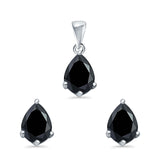 Art Deco Jewelry Set Pendant Earring Pear Simulated Black Cubic Zirconia 925 Sterling Silver