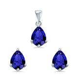 Art Deco Jewelry Set Pendant Earring Pear Simulated Blue Sapphire Cubic Zirconia 925 Sterling Silver