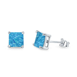 Halo Stud Earrings Princess Cut Lab Created Blue Opal 925 Sterling Silver 7mm