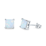 Halo Stud Earrings Princess Cut Lab Created White Opal 925 Sterling Silver 7mm