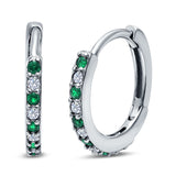 Half Eternity Hoop Earrings Round Simulated Green Emerald Cubic Zirconia 925 Sterling Silver (16mm)