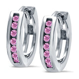 Half Eternity Hoop Earrings Round Simulated Pink CZ 925 Sterling Silver (11mm)