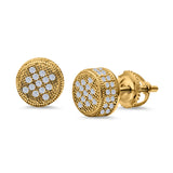 Round Stud Earrings Micro Pave Yellow Tone, Simulated CZ Screwback 925 Sterling Silver