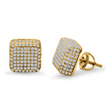 Square 3D Hip Hop Earrings Iced Out Yellow Tone, Simulated CZ Stud Screwback 925 Sterling Silver