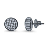 Hip Hop Round Stud Earrings Black Tone, Simulated Cubic Zirconia Screw Back 925 Sterling Silver