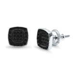 Square Cushion Shape Simulated Black CZ Stud Earrings Screw-Back Round Pave 925 Sterling Silver