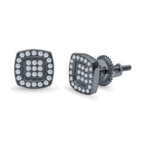 Square Cushion Shape Black Tone, Simulated CZ Stud Earrings Screw-Back Round Pave 925 Sterling Silver