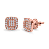Square Cushion Shape Rose Tone, Simulated CZ Stud Earrings Screw-Back Round Pave 925 Sterling Silver