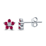 Cluster Flower Stud Earrings Round Simulated Ruby CZ 925 Sterling Silver