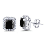 Halo Stud Earrings Wedding Princess Cut Simulated Black CZ Solid 925 Sterling Silver