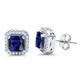 Halo Stud Earrings Wedding Princess Cut Simulated Blue Sapphire CZ Solid 925 Sterling Silver