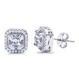Halo Stud Earrings Wedding Princess Cut Simulated CZ Solid 925 Sterling Silver