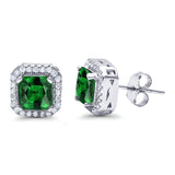 Halo Stud Earrings Wedding Princess Cut Simulated Green Emerald CZ Solid 925 Sterling Silver