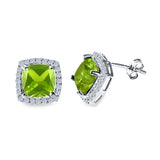 Cushion Cut Stud Earrings Simulated Peridot CZ 925 Sterling Silver