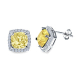Cushion Cut Stud Earrings Simulated Yellow CZ 925 Sterling Silver