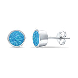 Bezel Stud Earring Round Lab Created Blue Opal 925 Sterling Silver (7mm)