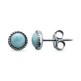 Stud Earrings Round Natural Larimar 925 Sterling Silver 4mm