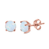 Round Solitaire Stud Earrings Rose Tone, Lab Created White Opal 925 Sterling Silver 7mm