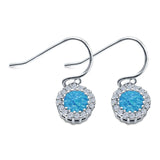 Halo Dangle Fish-Hook Earrings Round Lab Created Blue Opal 925 Sterling Silver (21mm)