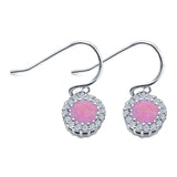 Halo Dangle Fish-Hook Earrings Round Lab Created Pink Opal 925 Sterling Silver (21mm)