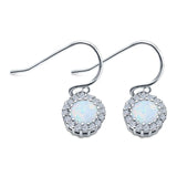 Halo Dangle Fish-Hook Earrings Round Lab Created White Opal 925 Sterling Silver (21mm)
