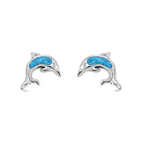 Dolphin Stud Earrings Lab Created Blue Opal 925 Sterling Silver