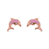 Dolphin Stud Earrings Rose Tone, Lab Created Pink Opal 925 Sterling Silver