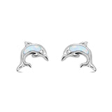 Dolphin Stud Earrings Lab Created White Opal 925 Sterling Silver