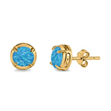 Solitaire Stud Earring Round Yellow Tone, Lab Created Blue Opal 925 Sterling Silver (6.3mm)