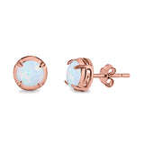 Solitaire Stud Earring Round Rose Tone, Lab Created White Opal 925 Sterling Silver (6.3mm)