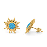 Sun Stud Earrings Yellow Tone, Lab Created Blue Opal 925 Sterling Silver (6.26mm)