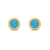 Solitaire Bezel Stud Earrings Round Yellow Tone, Lab Created Blue Opal 925 Sterling Silver(0.25mm)