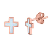 Cross Stud Earrings Rose Tone, Lab Created White Opal 925 Sterling Silver