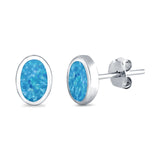 Solitaire Oval Stud Earrings Lab Created Blue Opal 925 Sterling Silver