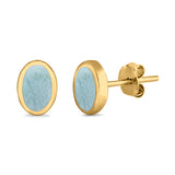 Solitaire Oval Stud Earrings Yellow Tone, Natural Larimar 925 Sterling Silver