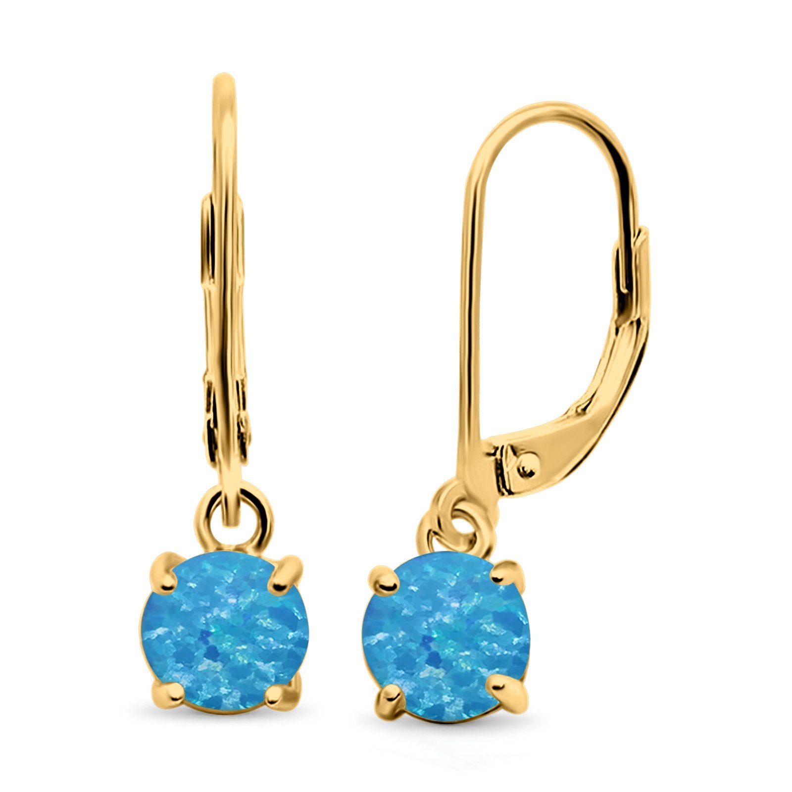 Round Yellow Tone, Lab Created Blue Opal Leverback Earrings 925 Sterling Silver (25.4mm)