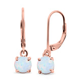 Round Rose Tone, Lab Created White Opal Leverback Earrings 925 Sterling Silver (25.4mm)