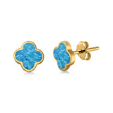 Clover Flower Stud Earring Yellow Tone, Lab Created Blue Opal 925 Sterling Silver (6.20mm)